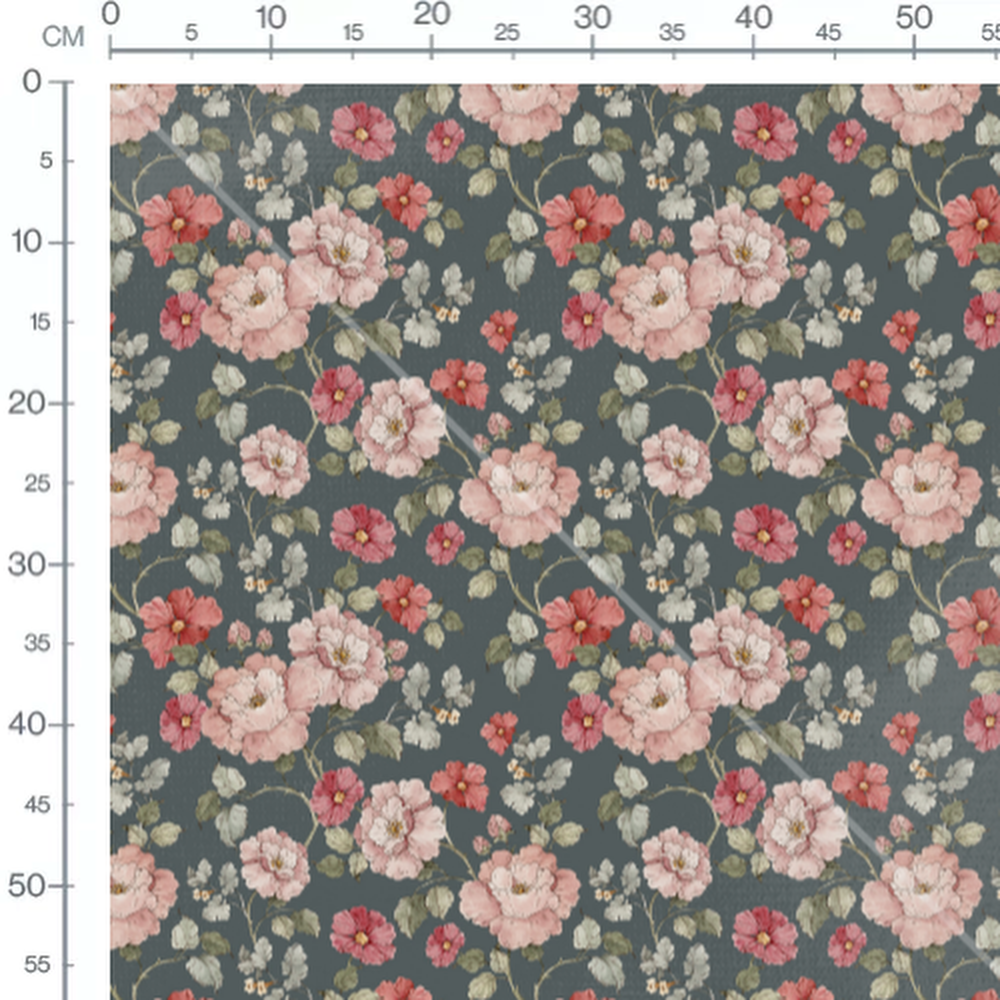 Tissu - Fleurs roses sur fond gris