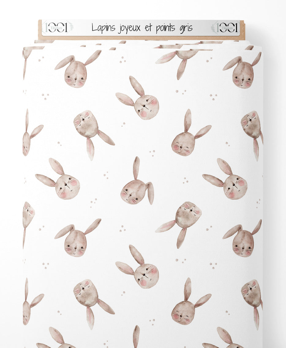 Tissu - Lapins joyeux et points gris