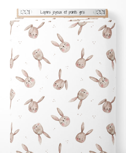 Tissu - Lapins joyeux et points gris