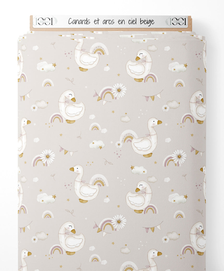 Tissu - Canards et arcs-en-ciel beige
