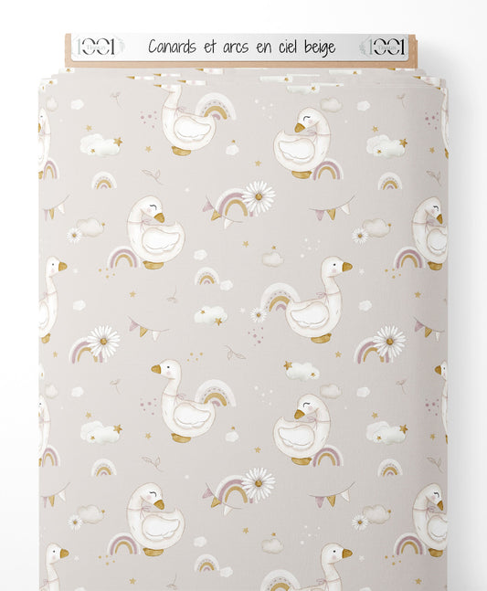 Tissu - Canards et arcs-en-ciel beige