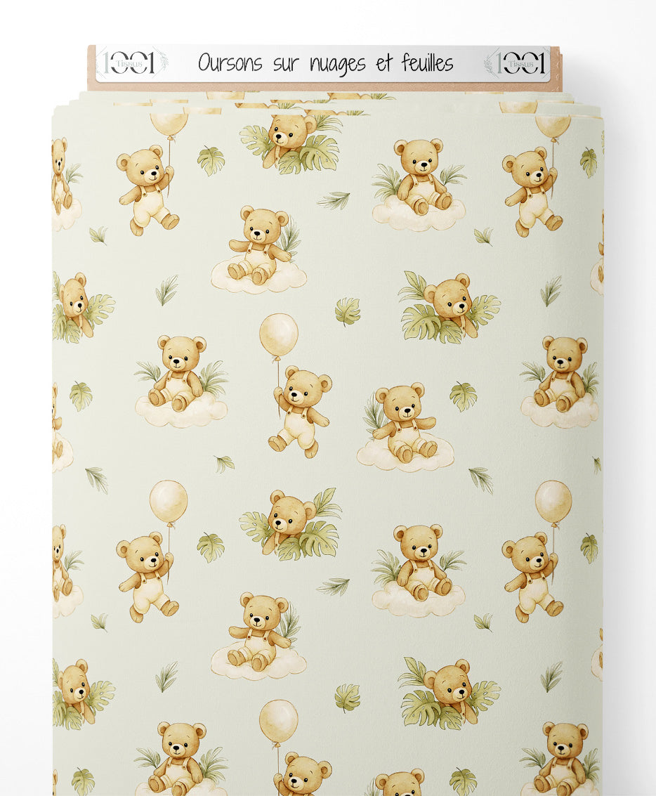 Tissu - Oursons sur nuages et feuilles