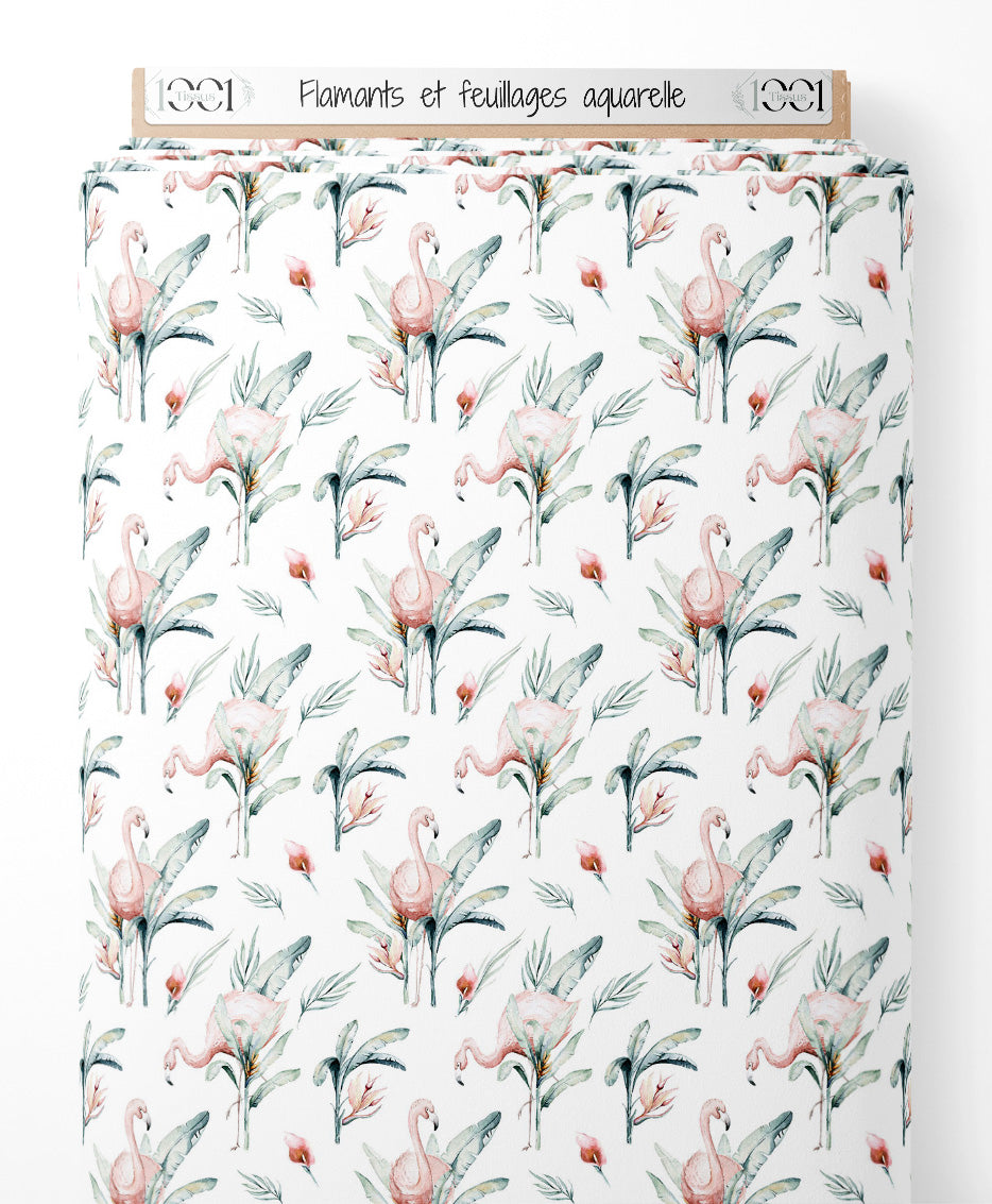 Tissu - Flamants et feuillages aquarelle