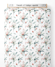 Tissu - Flamants et feuillages aquarelle