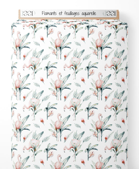 Tissu - Flamants et feuillages aquarelle