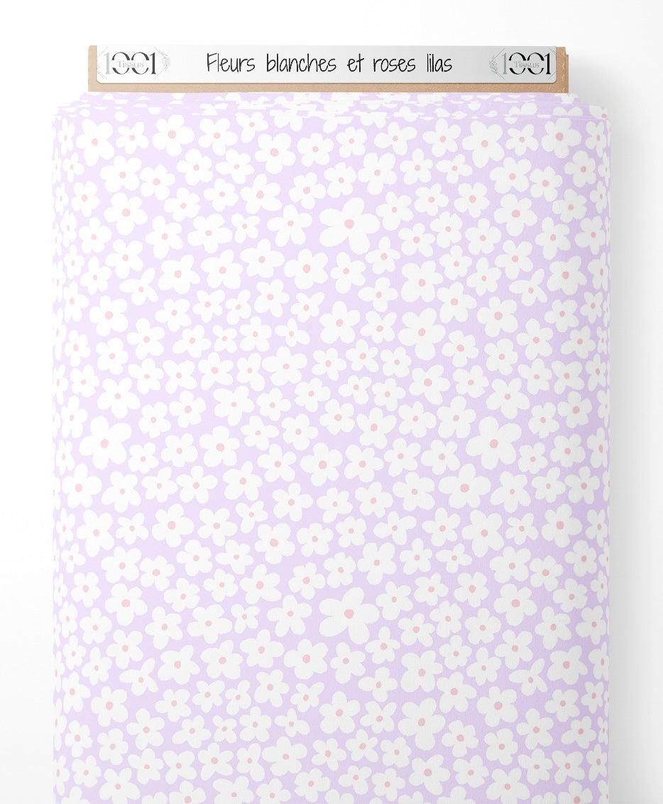 Tissu - Fleurs blanches et roses lilas
