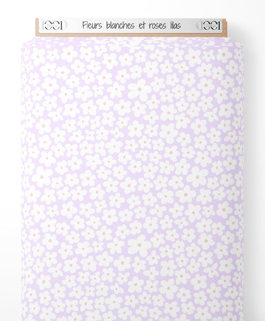 Tissu - Fleurs blanches et roses lilas