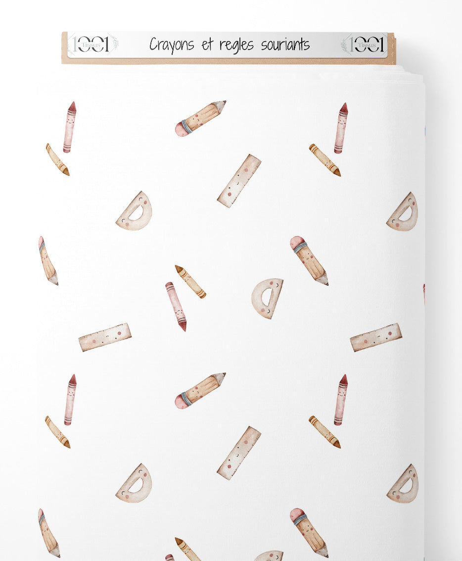 Tissu - Crayons et règles souriants