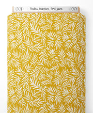 Tissu - Feuilles blanches sur fond jaune