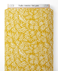 Tissu - Feuilles blanches sur fond jaune