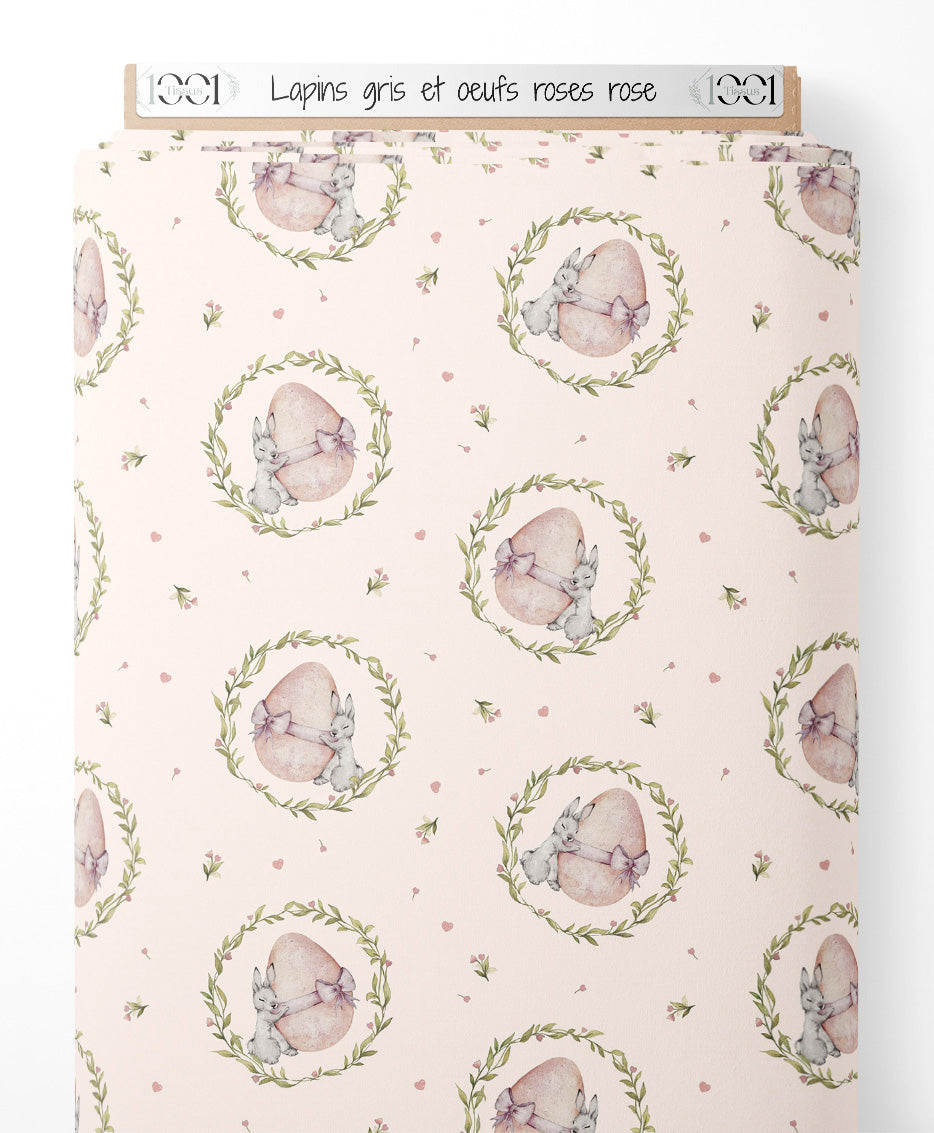 Tissu - Lapins gris et œufs roses rose