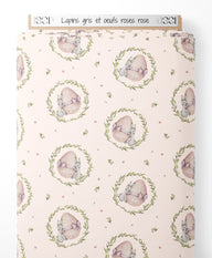 Tissu - Lapins gris et œufs roses rose