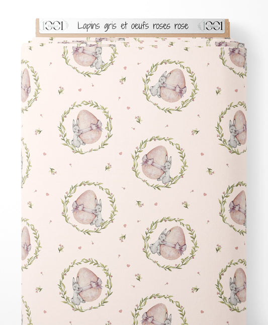 Tissu - Lapins gris et œufs roses rose