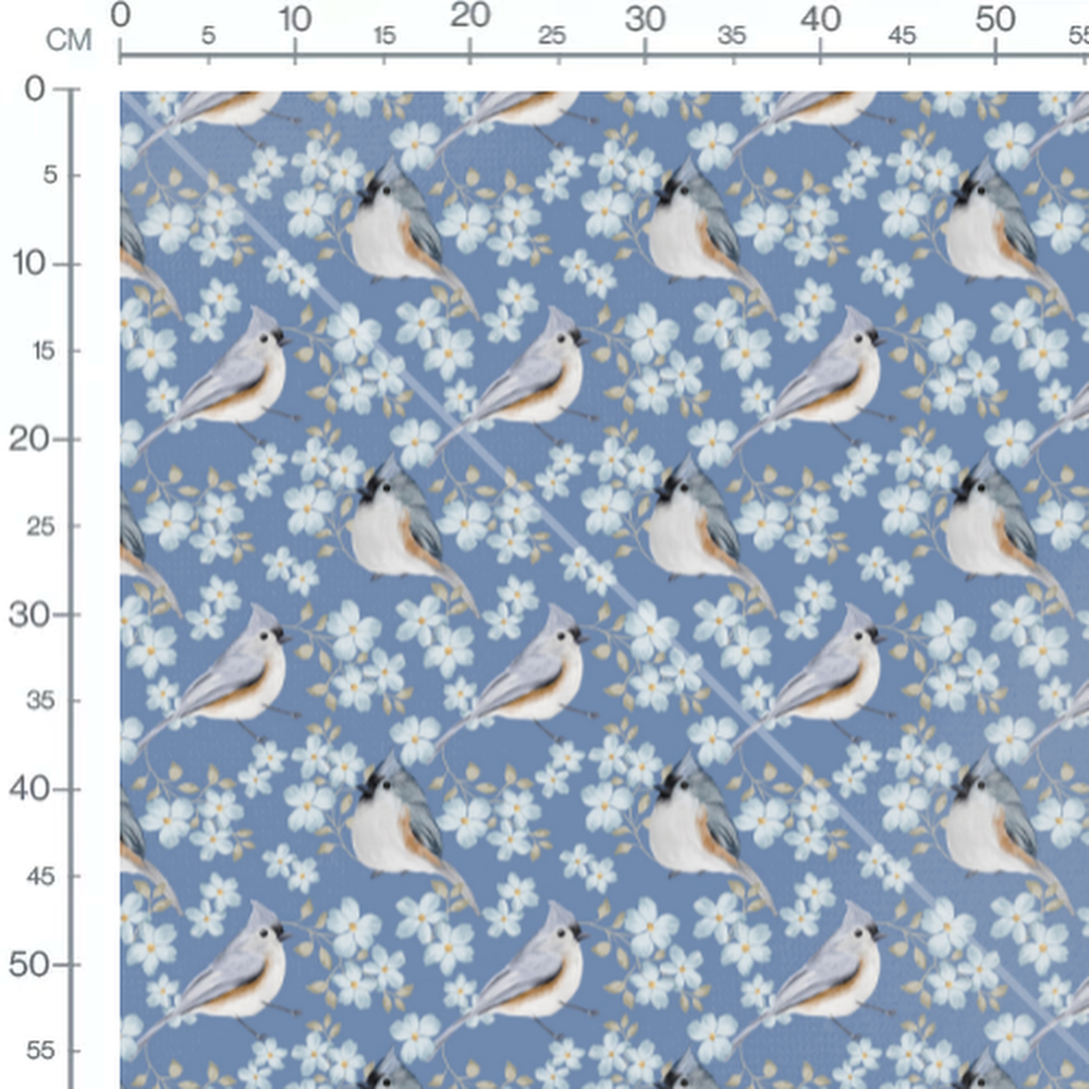 Tissu - Oiseaux gris et fleurs blanches