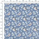 Tissu - Oiseaux gris et fleurs blanches