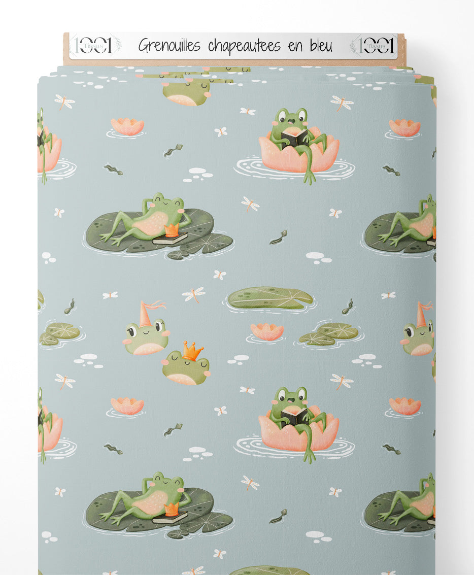 Tissu - Grenouilles chapeautées en bleu