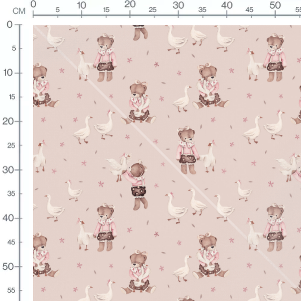 Tissu - Oursons, fleurs et feuilles roses