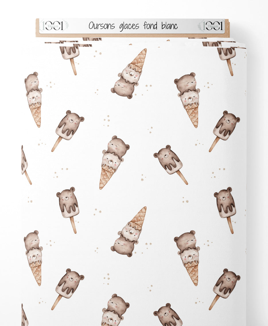 Tissu - Oursons glacés sur fond blanc