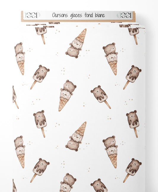 Tissu - Oursons glacés sur fond blanc