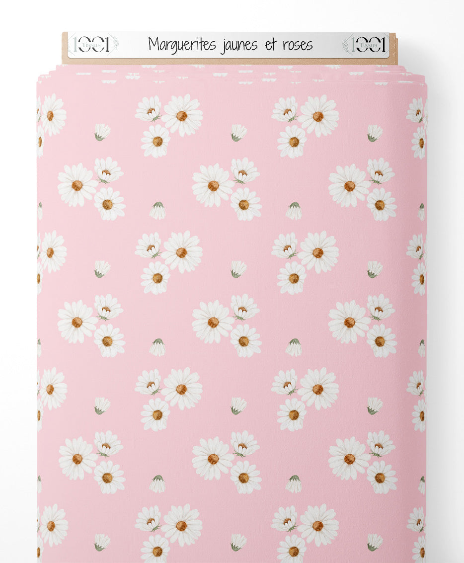 Tissu - Marguerites jaunes et roses