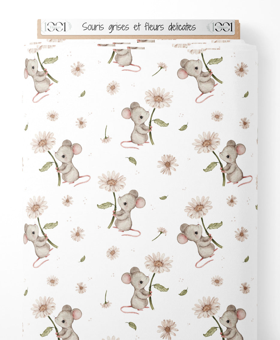 Tissu - Souris grises et fleurs délicates