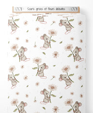Tissu - Souris grises et fleurs délicates
