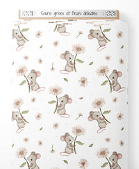 Tissu - Souris grises et fleurs délicates
