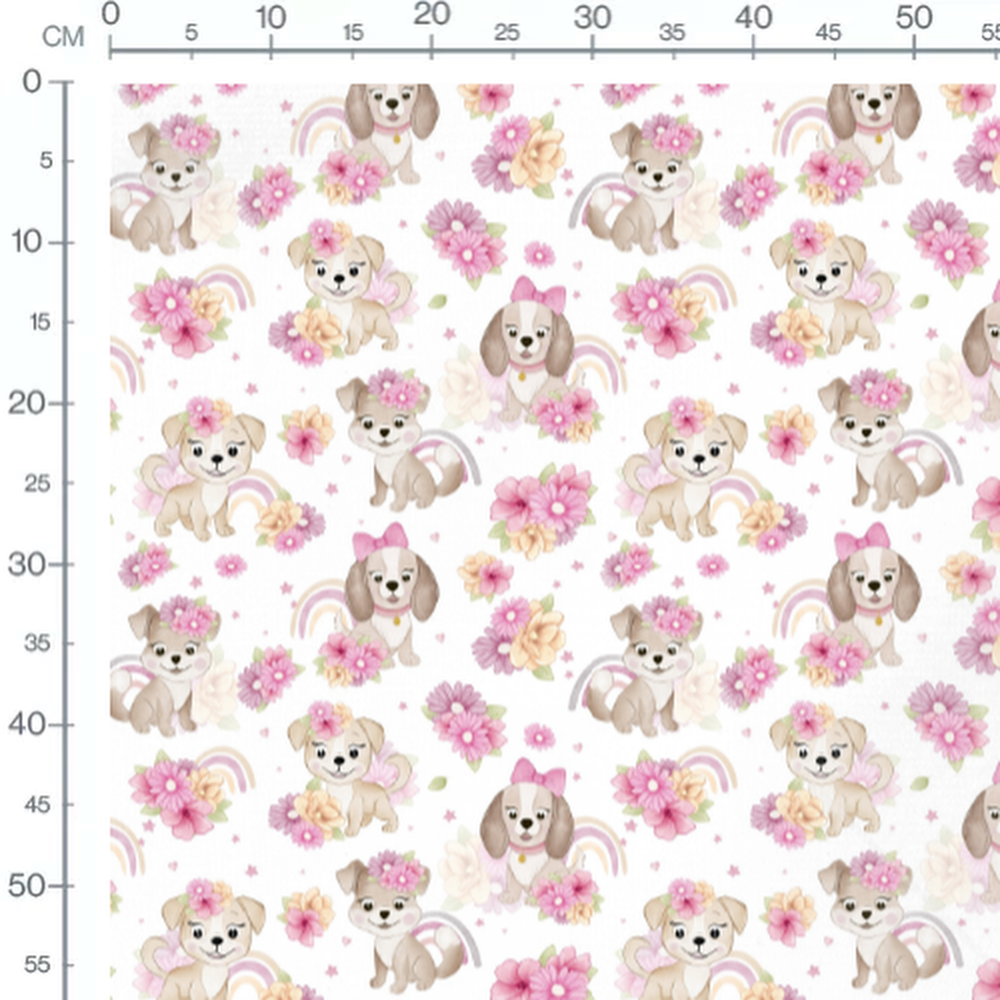 Tissu - Chiots et fleurs roses