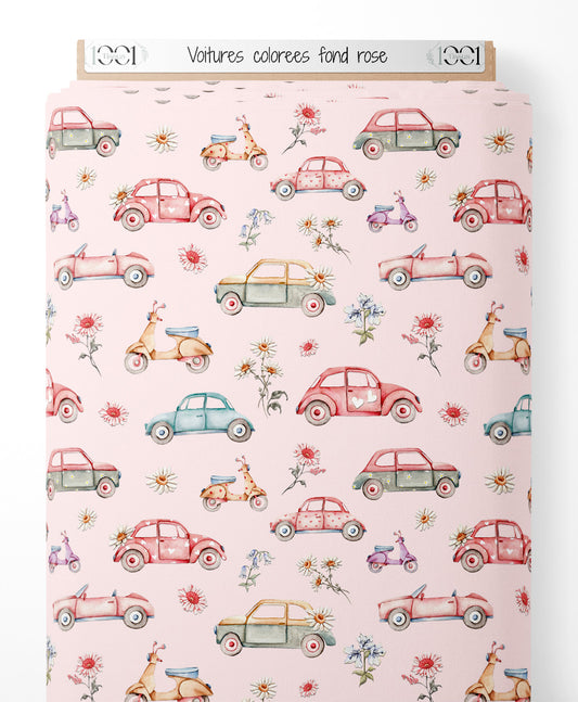 Tissu - Voitures colorées sur fond rose