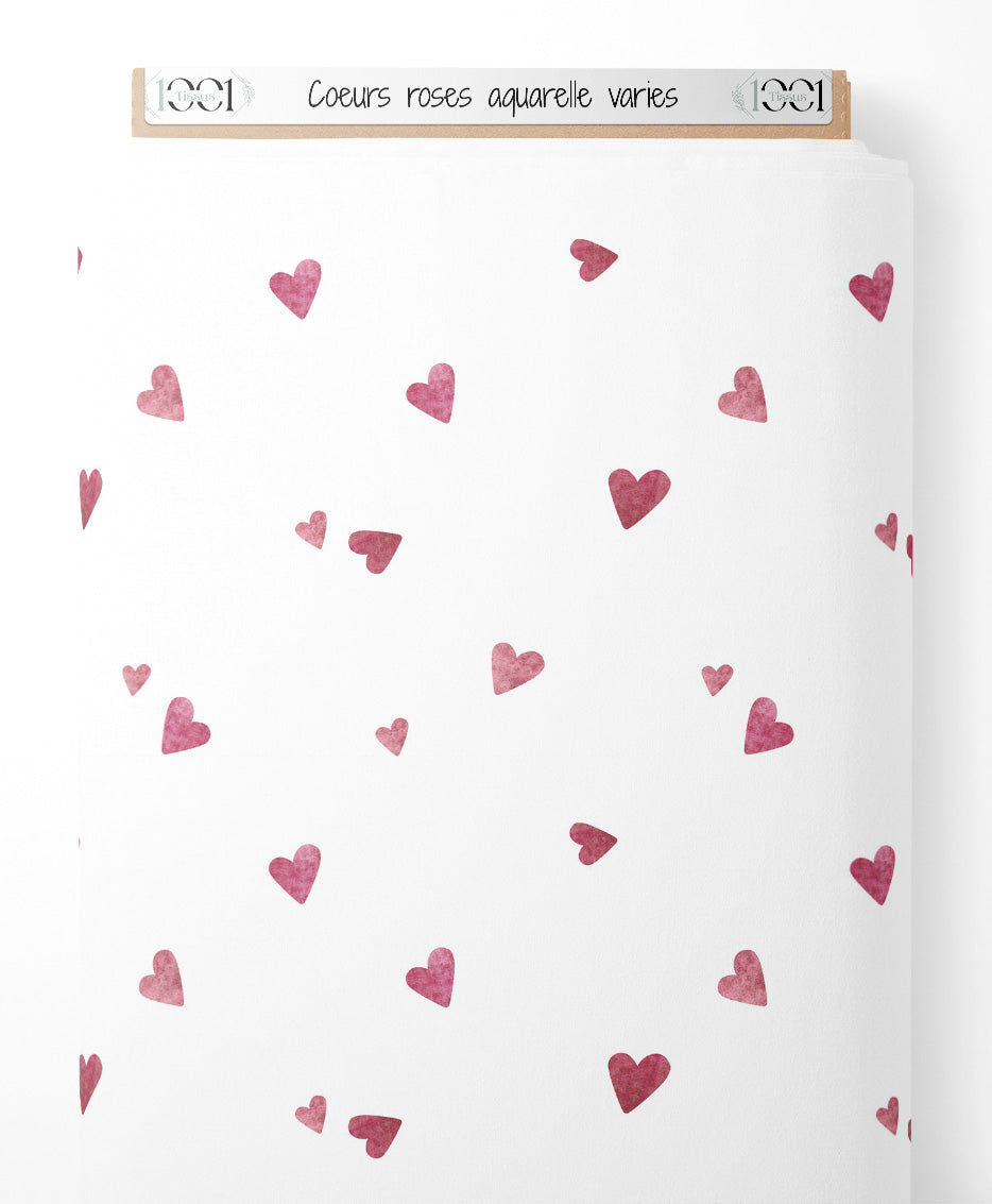 Tissu - Cœurs roses aquarelle variés