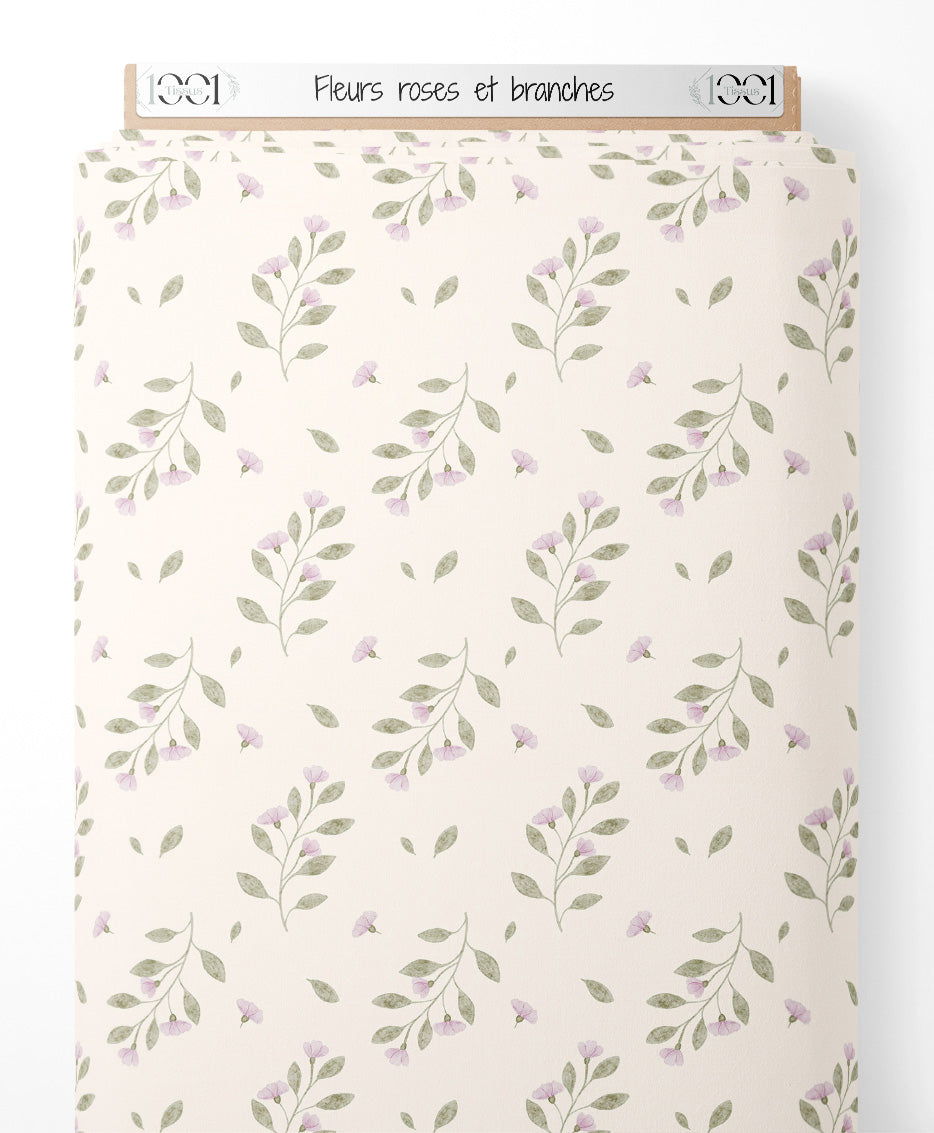 Tissu - Fleurs roses et branches