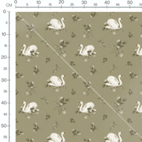 Tissu - Cygnes sur fond kaki fleuri
