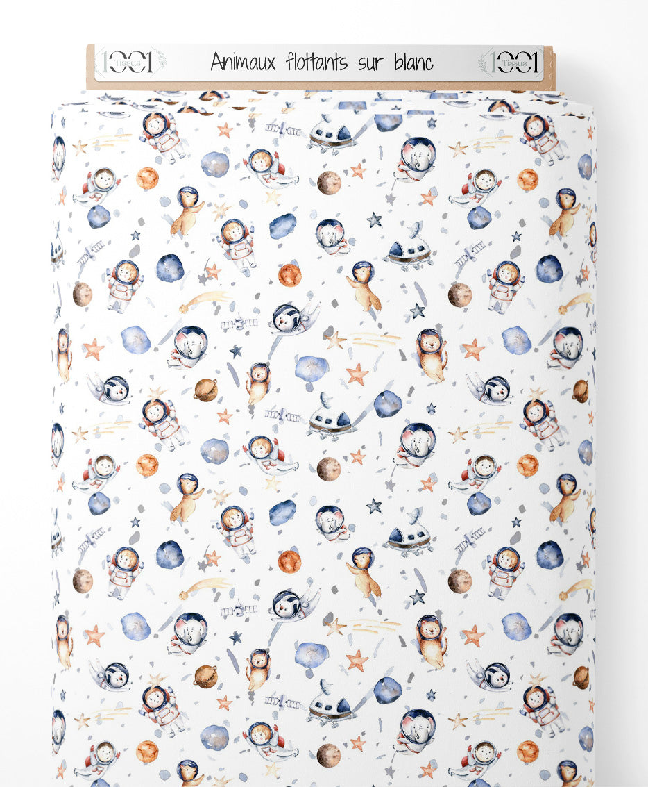 Tissu - Animaux flottants sur blanc