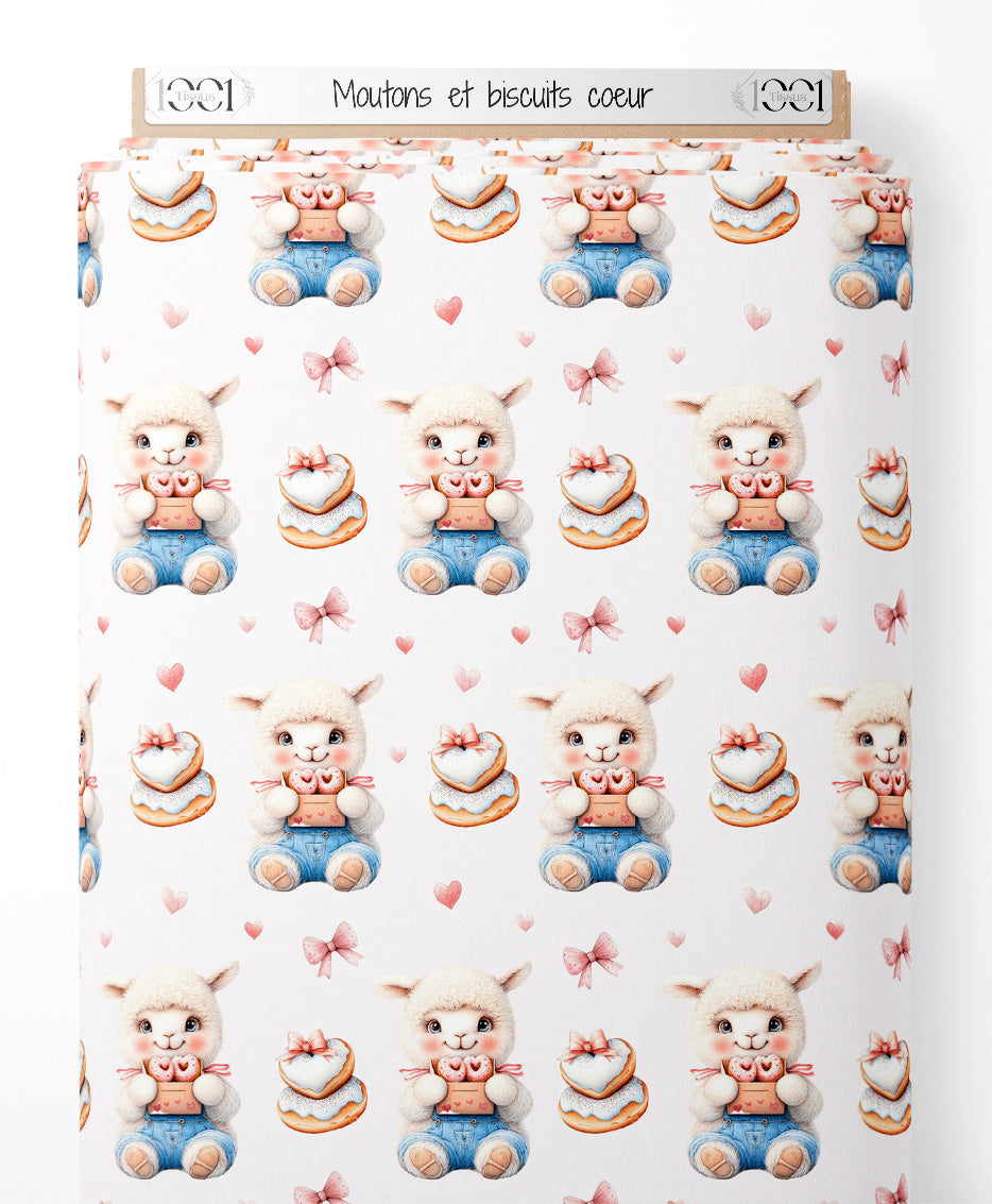 Tissu - Moutons et biscuits cœur