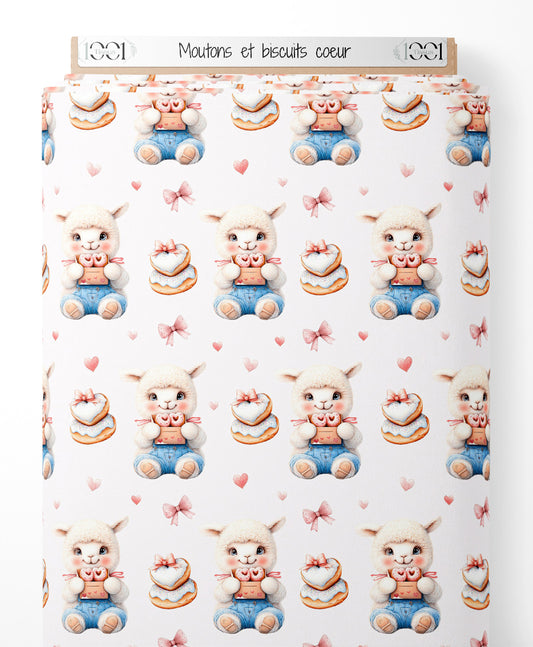 Tissu - Moutons et biscuits cœur