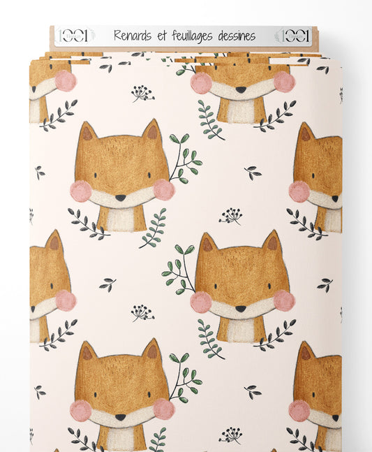 Tissu - Renards et feuillages dessinés