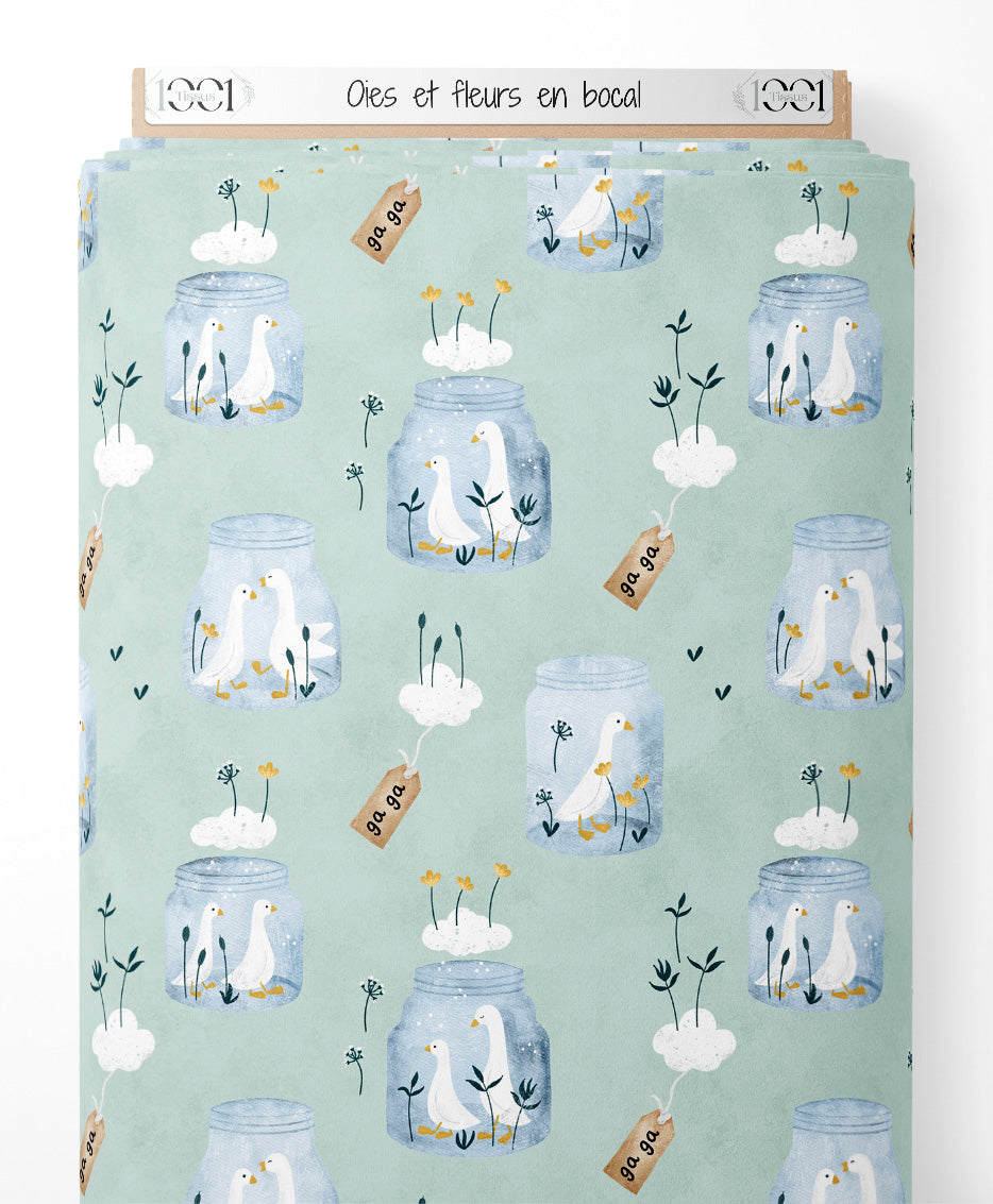 Tissu - Oies et fleurs en bocal