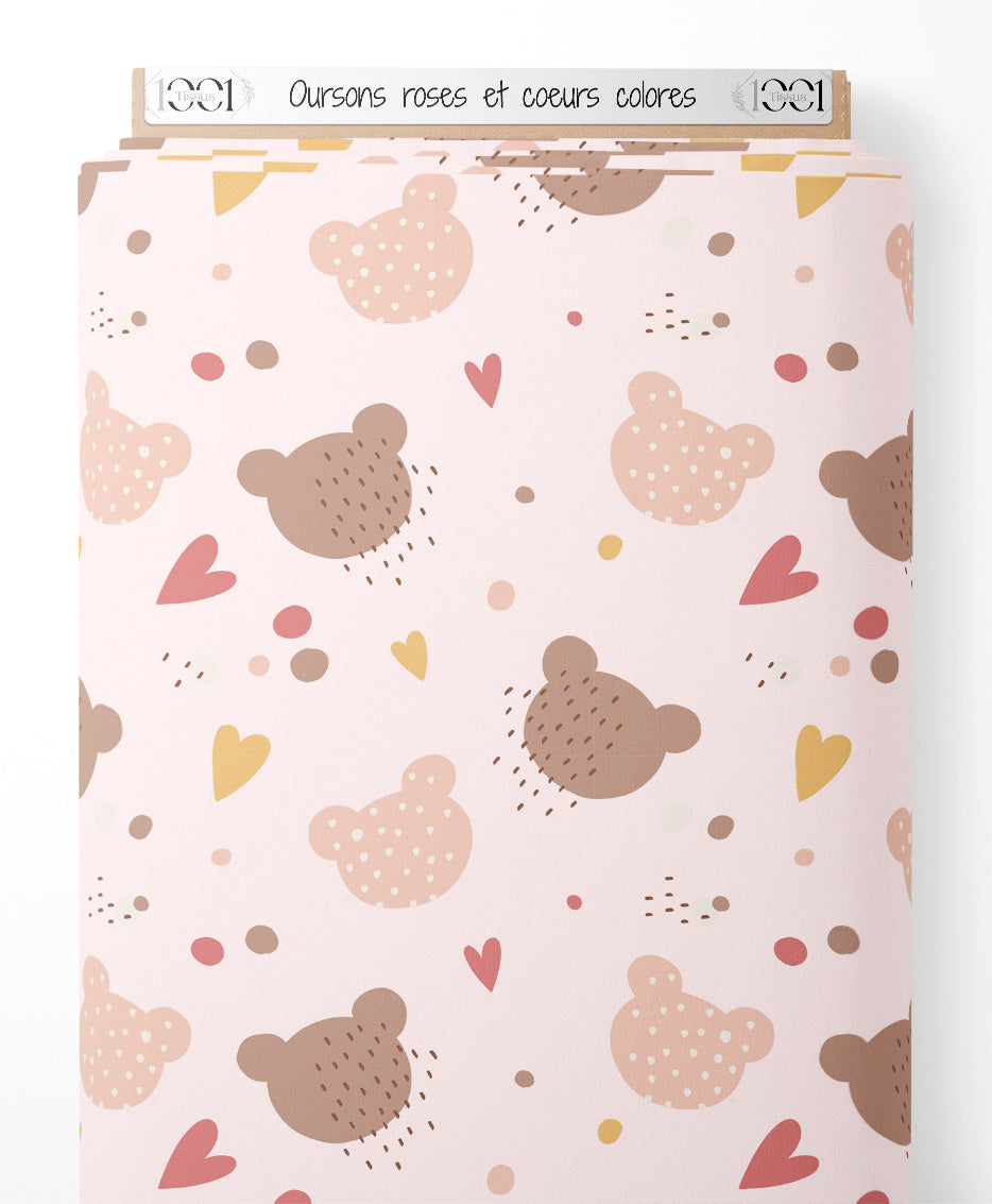 Tissu - Oursons roses et cœurs colorés