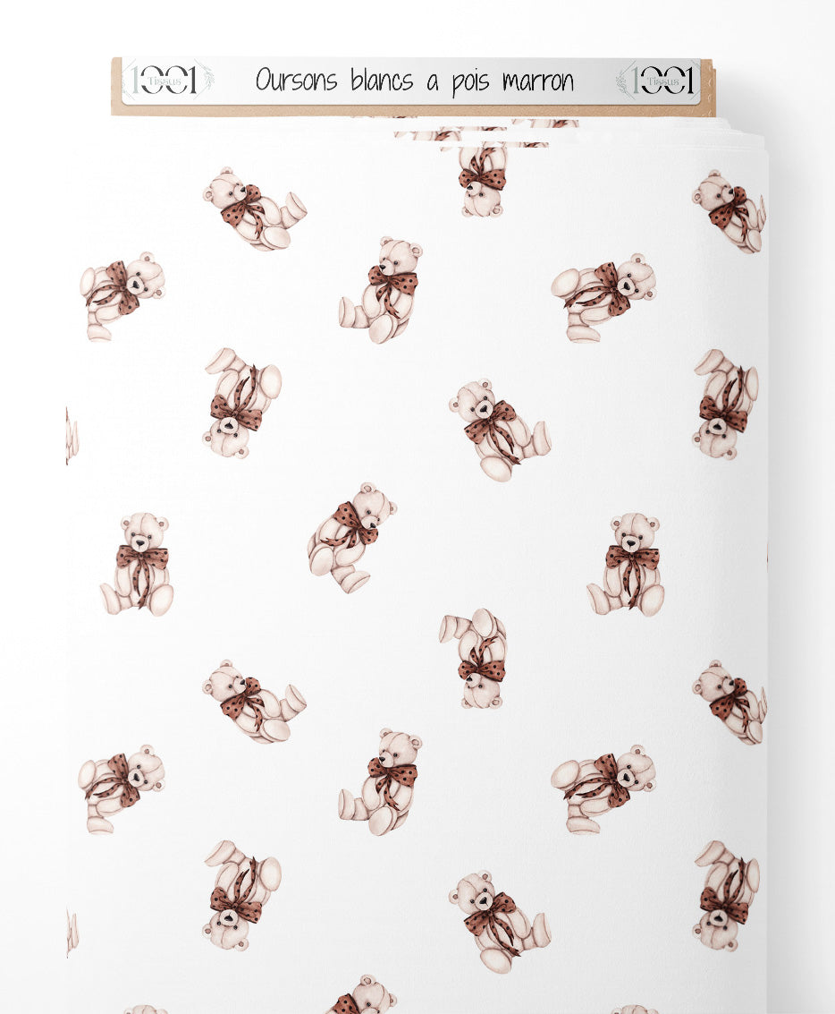 Tissu - Oursons blancs à pois marron