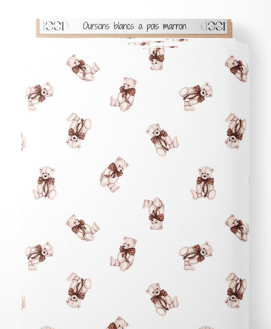 Tissu - Oursons blancs à pois marron