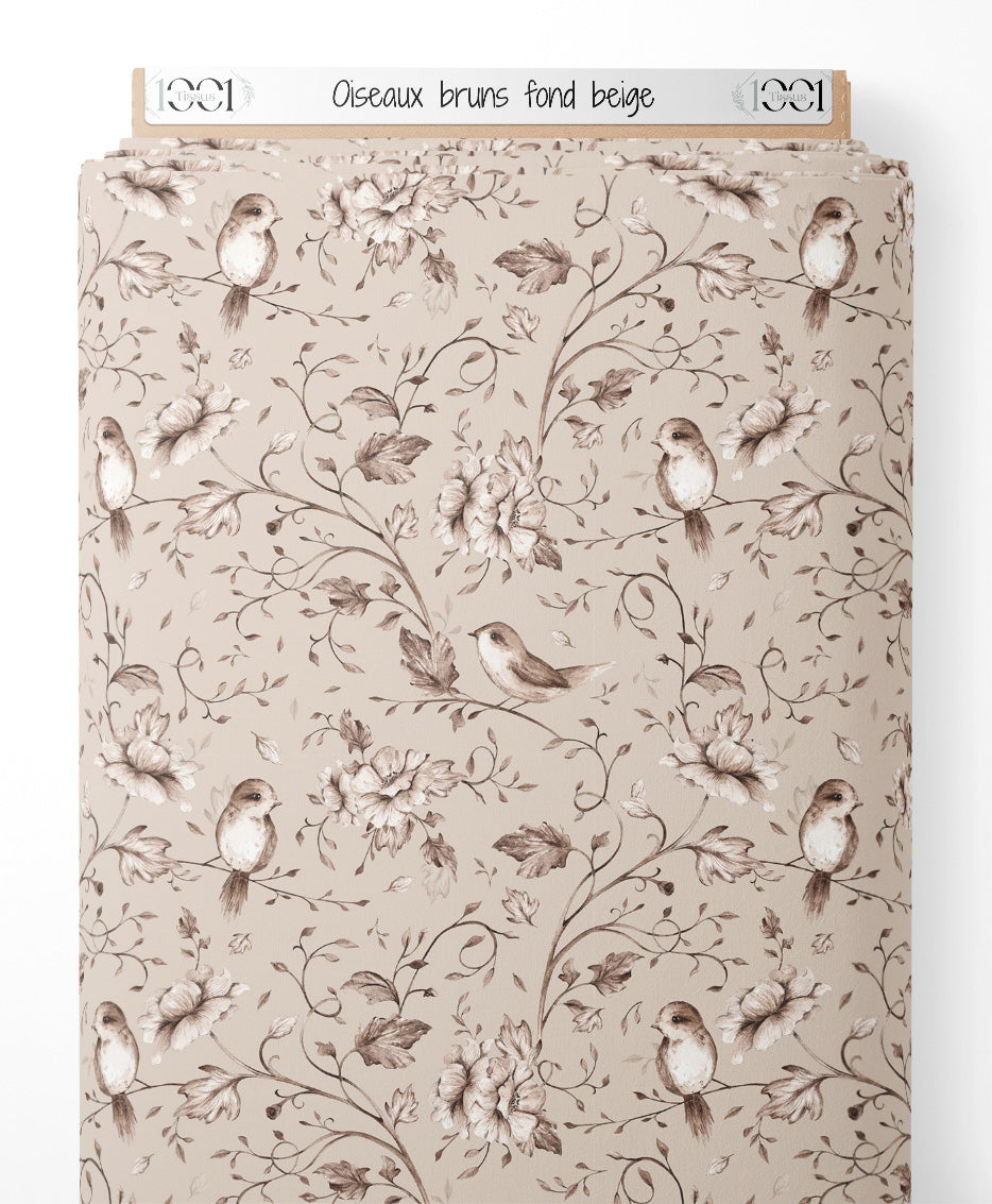 Tissu - Oiseaux bruns sur fond beige