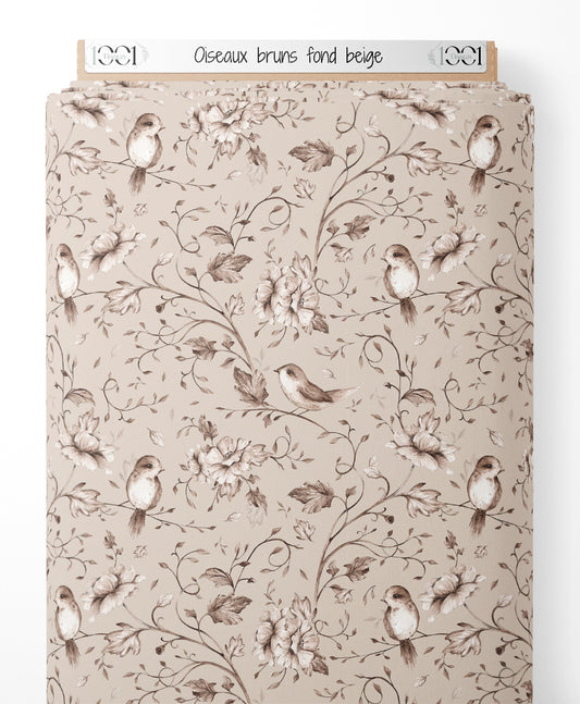 Tissu - Oiseaux bruns sur fond beige