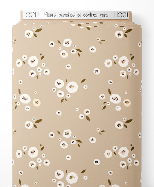 Tissu - Fleurs blanches et centres noirs
