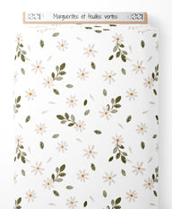 Tissu - Marguerites et feuilles vertes