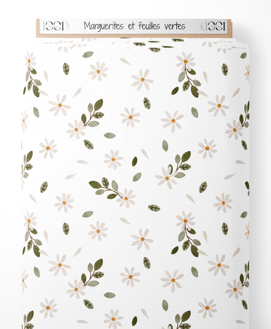 Tissu - Marguerites et feuilles vertes