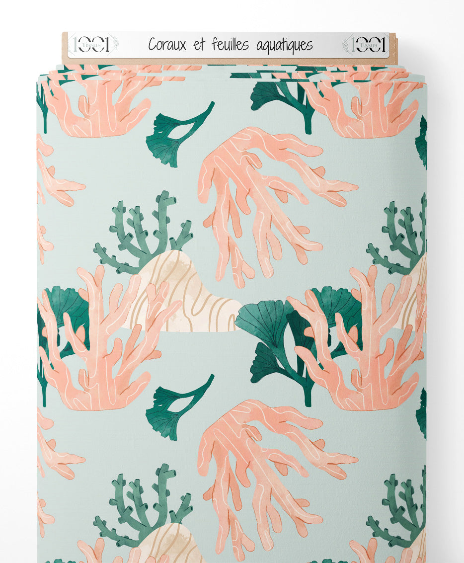 Tissu - Coraux et feuilles aquatiques