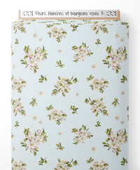Tissu - Fleurs blanches et bourgeons roses 3