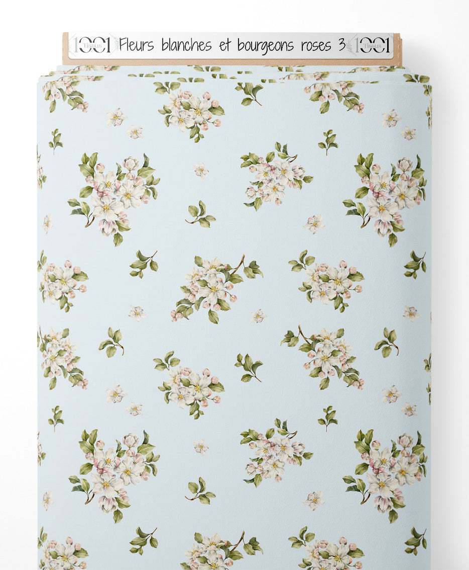 Tissu - Fleurs blanches et bourgeons roses 3