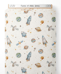 Tissu - Fusées et étoiles dorées