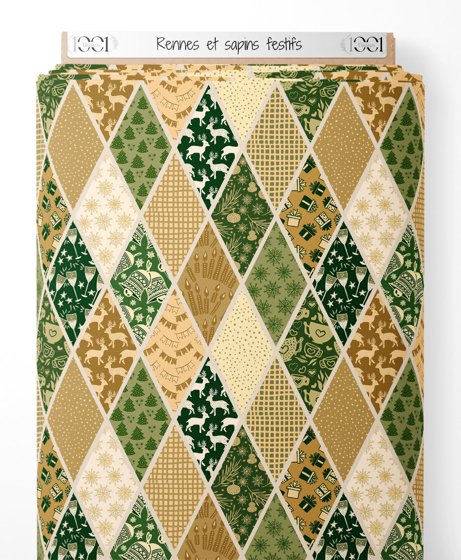 Tissu - Rennes et sapins festifs